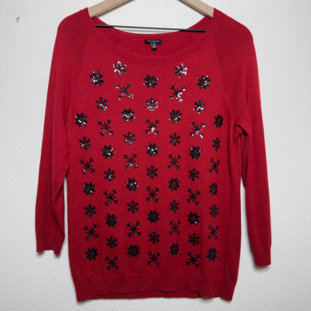 Talbots Women Lambswool Knit Sweater Medium Red Snowflake Sequin Raglan Holiday